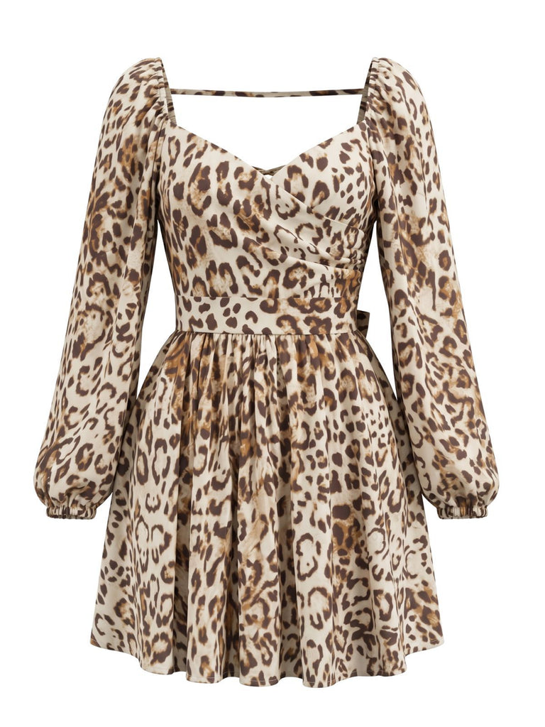 Brown 1950s Leopard Backless Long Sleeve Square Neck Dress, vintage dress, retro fashion, rockabilly, pin-up fashion - perfect for women who love vintage and retro fashion