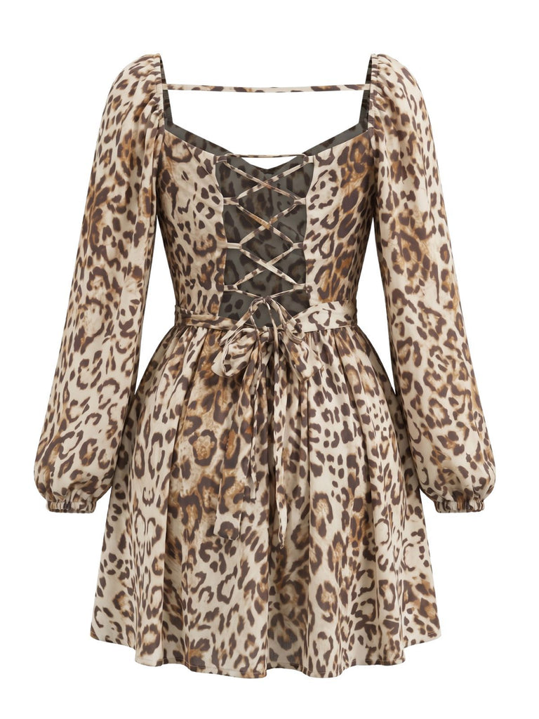 Brown 1950s Leopard Backless Long Sleeve Square Neck Dress, vintage dress, retro fashion, rockabilly, pin-up fashion - perfect for women who love vintage and retro fashion