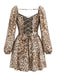 Brown 1950s Leopard Backless Long Sleeve Square Neck Dress, vintage dress, retro fashion, rockabilly, pin-up fashion - perfect for women who love vintage and retro fashion