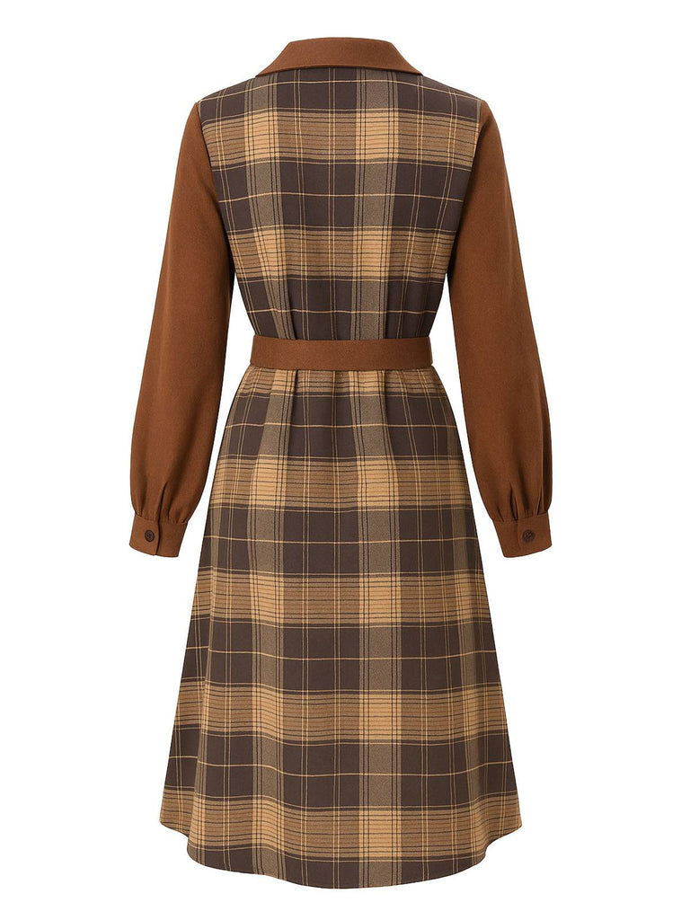 Brown 1950s Plaid Corduroy Shirt Collar Dress - vintage dress, retro fashion, rockabilly