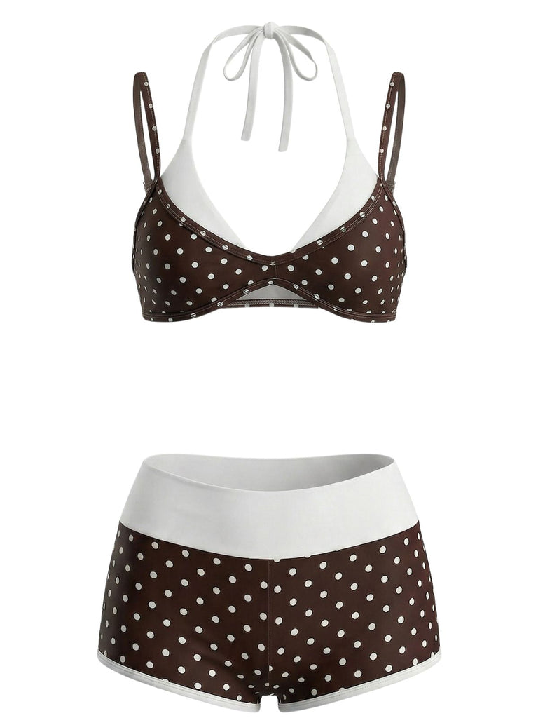 Brown-1950s-Polka-Dot-Double-Layer-Swimsuit, vintage, retro, swimwear