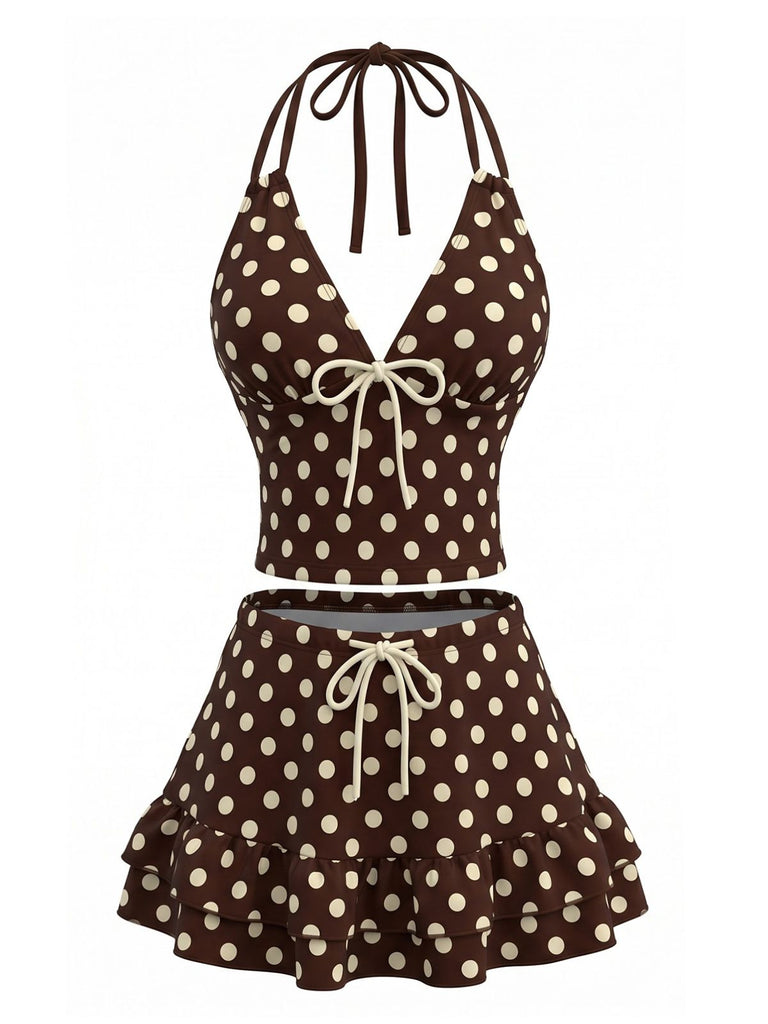 Brown-1950s-Polka-Dot-Halter-Ruffle-Swimsuit, vintage, retro, swimwear