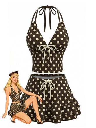 Brown 1950s Polka Dot Halter Ruffle Swimsuit