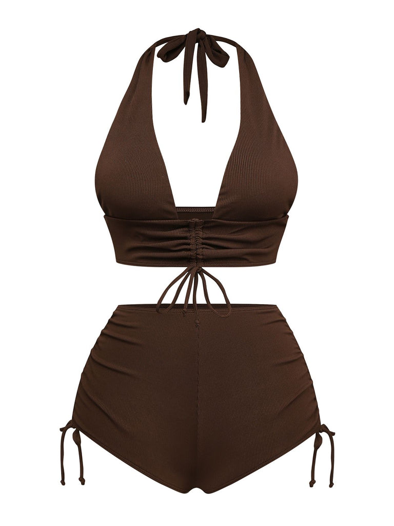 Brown 1950s Solid Deep V-Neck Halter Bikini Set - vintage fashion, retro style