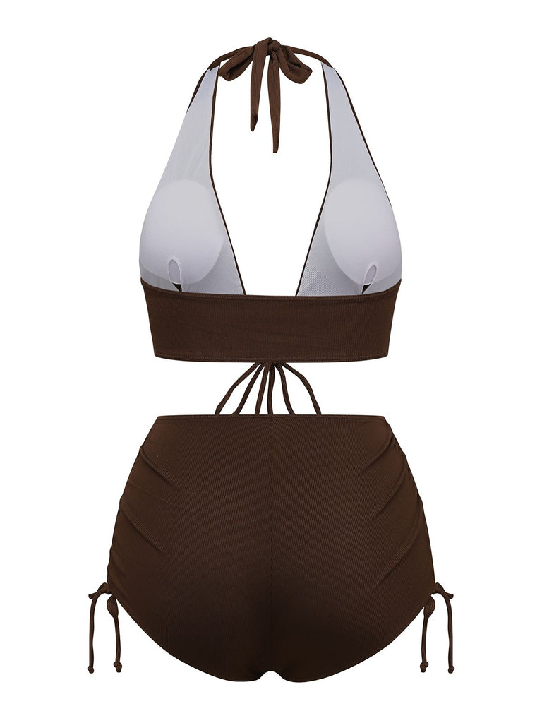 Brown 1950s Solid Deep V-Neck Halter Bikini Set - vintage fashion, retro style