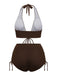 Brown 1950s Solid Deep V-Neck Halter Bikini Set - vintage fashion, retro style