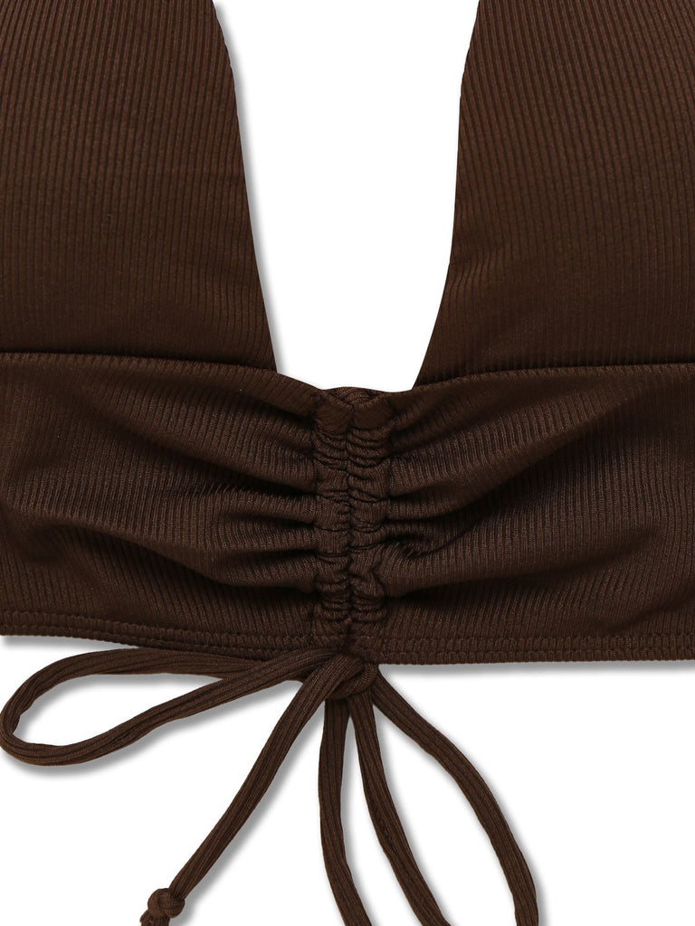 Brown 1950s Solid Deep V-Neck Halter Bikini Set - vintage fashion, retro style