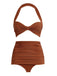 She's wearing Brown 1950s Solid Mesh Halter Swimsuit and the whole beach remembers the 1950s