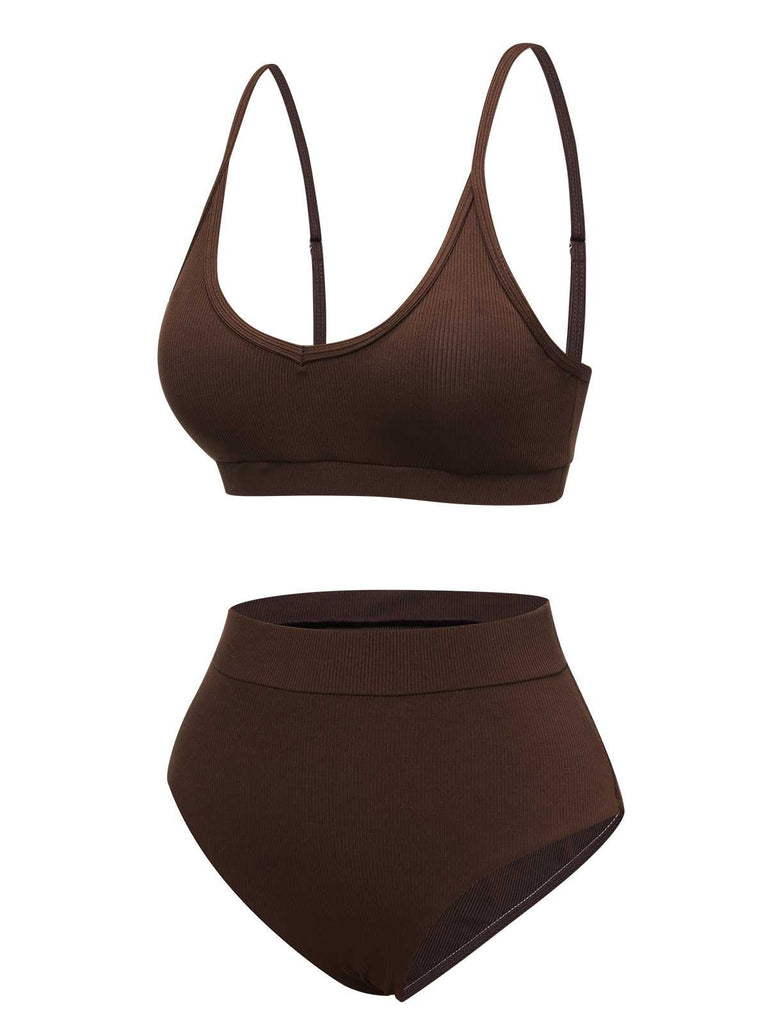 Brown 1950s Spaghetti Strap Solid Swimsuit: 1950s Riviera elegance, reimagined for her