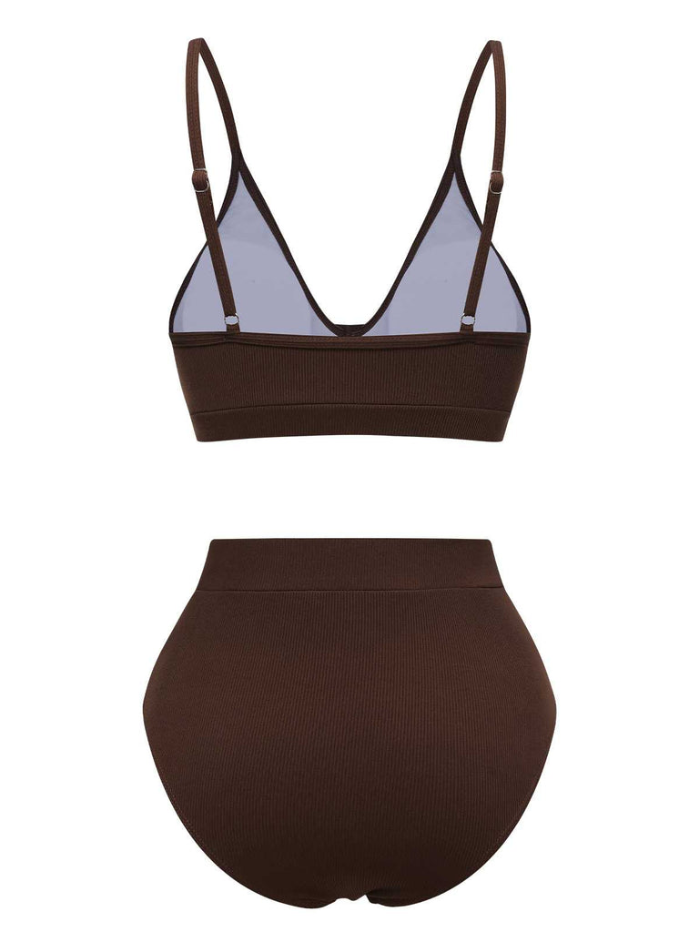 This Brown 1950s Spaghetti Strap Solid Swimsuit carries 1950s vacation dreams in every stitch