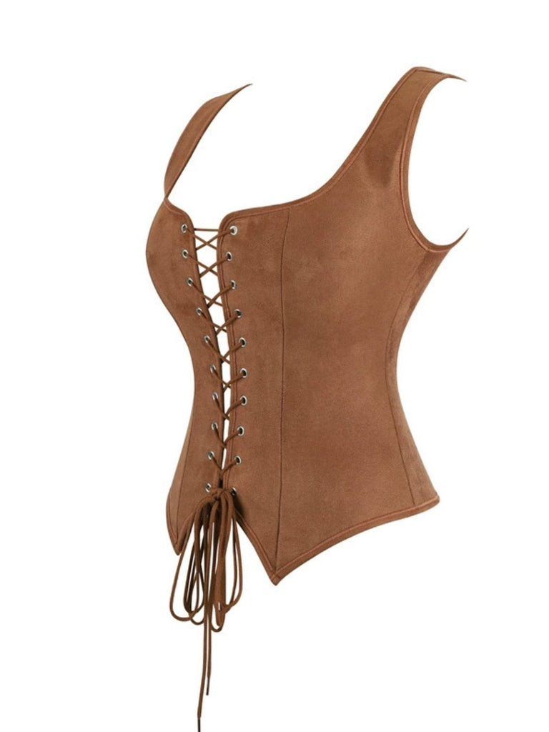 Brown 1950s Suede Lace-Up Corset Vest - vintage fashion, retro style