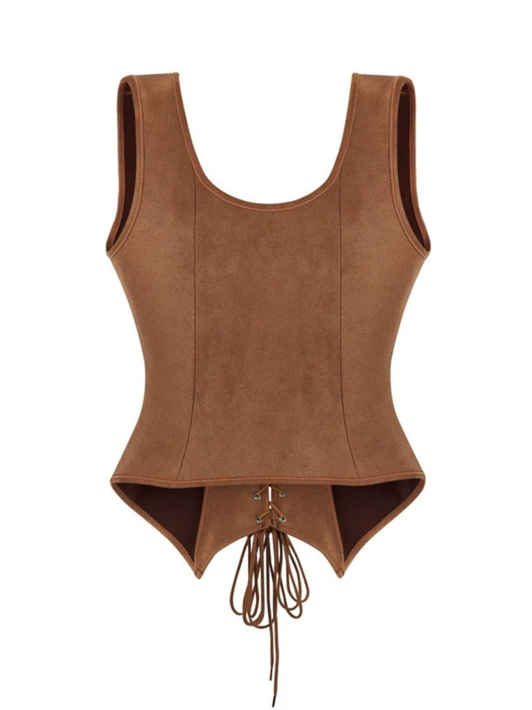 Brown 1950s Suede Lace-Up Corset Vest - vintage fashion, retro style