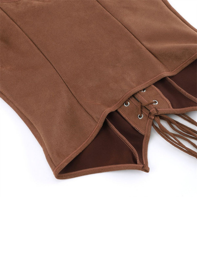 Brown 1950s Suede Lace-Up Corset Vest - vintage fashion, retro style