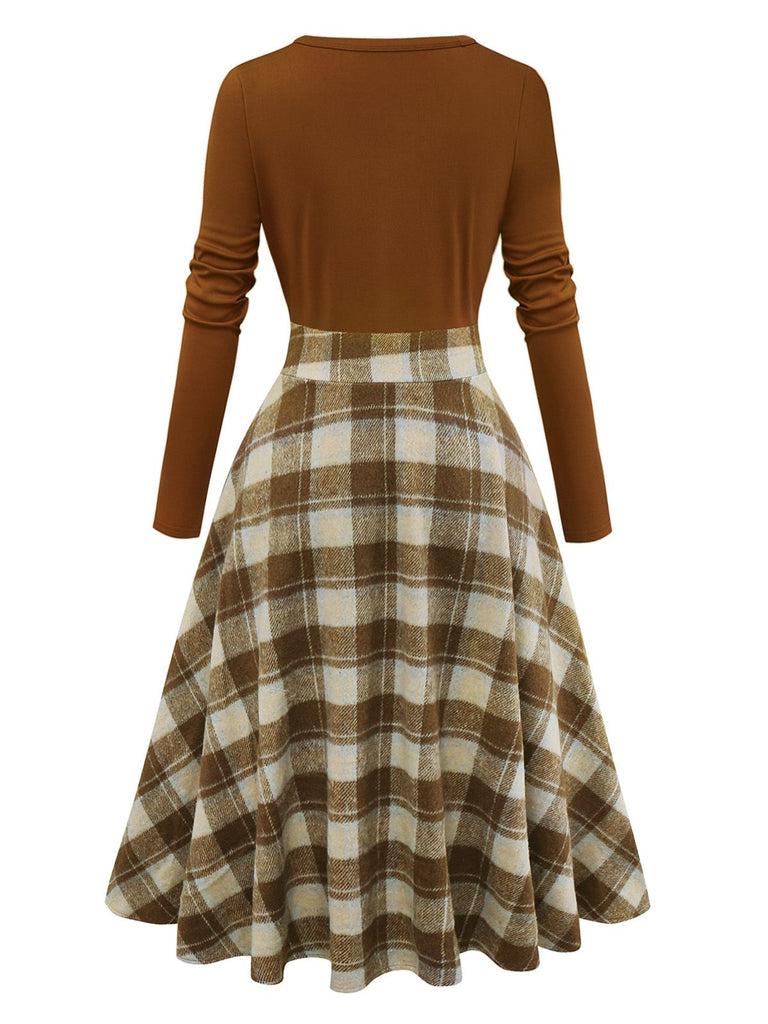 Brown 1950s Tie-Neck Knit Plaid Dress - vintage dress, retro fashion, rockabilly