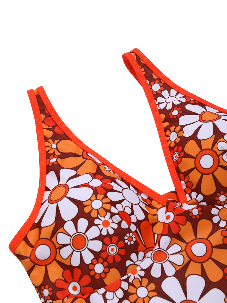 Brown 1960s Bohemian Psychedelic Floral One-Piece Swimsuit | Retro