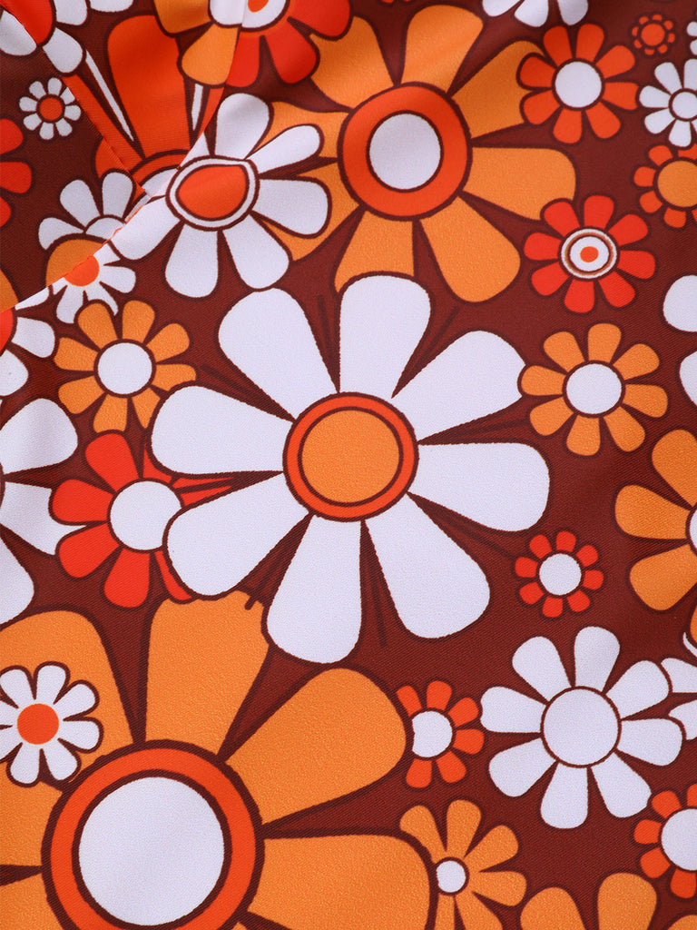 Brown 1960s Bohemian Psychedelic Floral One-Piece Swimsuit | Retro