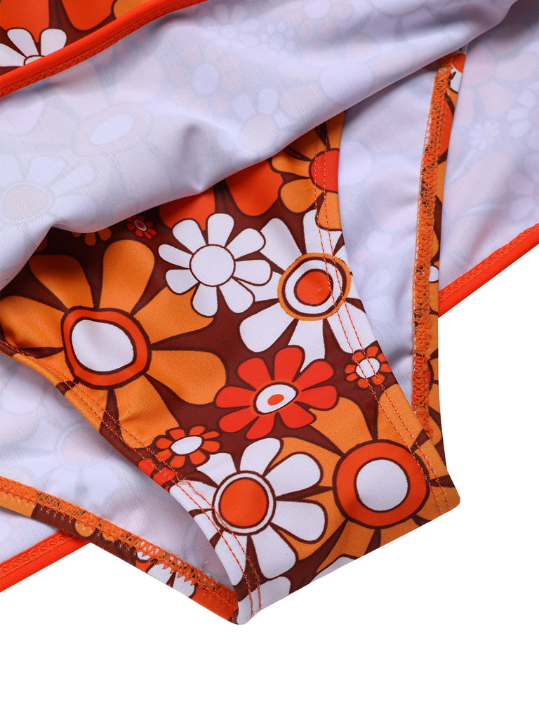 Brown 1960s Bohemian Psychedelic Floral One-Piece Swimsuit | Retro