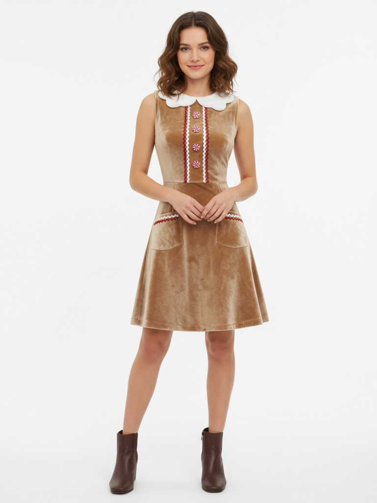 Brown 1960s Christmas Gingerbread Velvet Dress - vintage dress, retro fashion