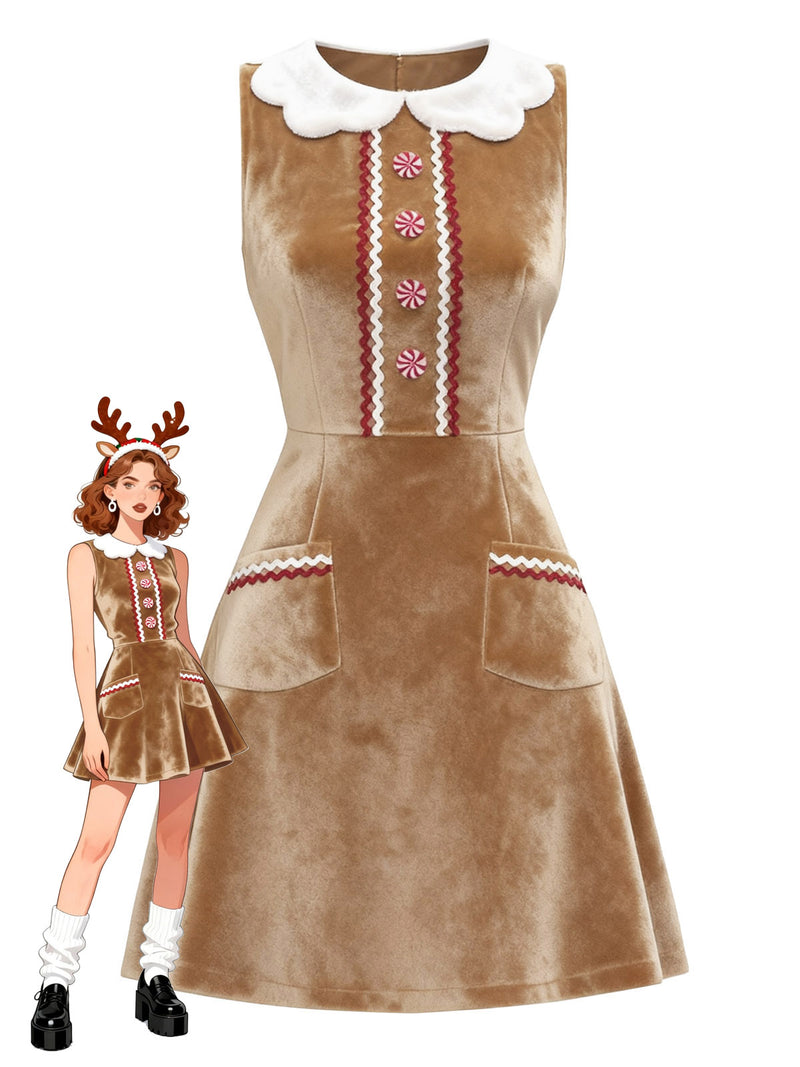 Brown 1960s Christmas Gingerbread Velvet Dress