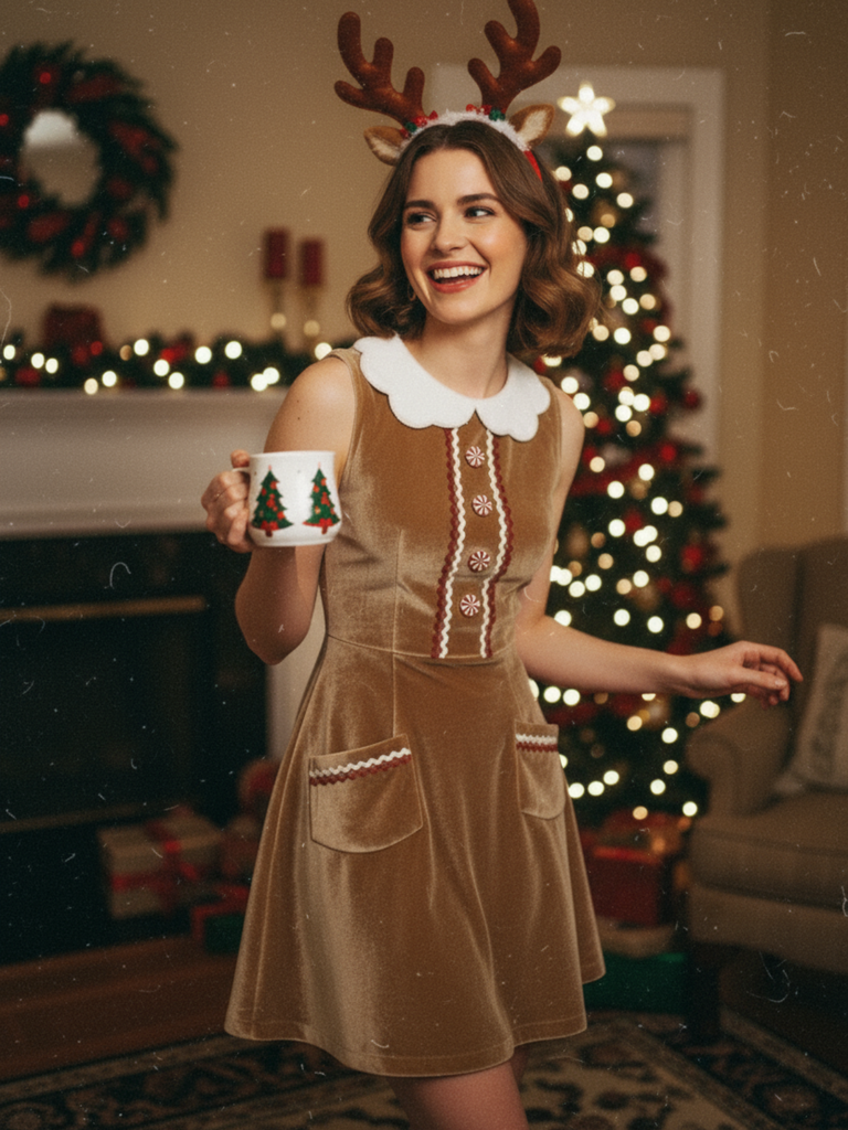 Brown 1960s Christmas Gingerbread Velvet Dress