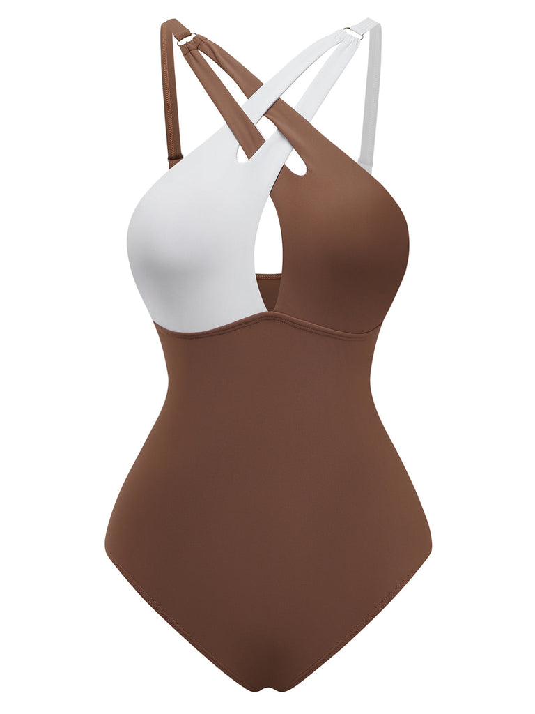 Brown 1960s Color Block Cross Front Tankini Swimsuit, vintage swimsuit, pin-up swimwear - perfect for women who love vintage and retro fashion