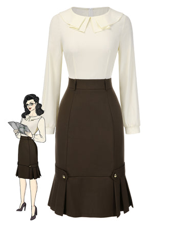 Brown 1960s Contrast Collar Long Sleeve Pencil Dress, vintage dress, retro fashion - perfect for women who love vintage and retro fashion