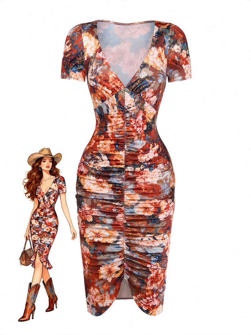 Brown 1960s Floral V-Neck Ruched Western Bodycon Dress
