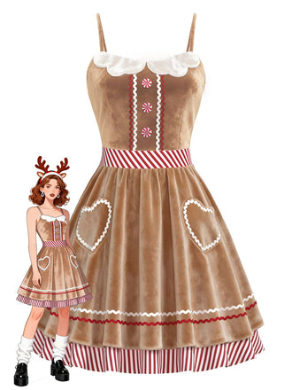 She slips into this Brown 1960s Gingerbread Heart Stripe Velvet Strap Dress and suddenly it's a 1960s daydream