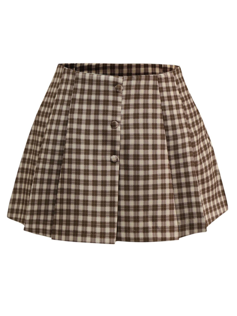 Brown 1960s Gingham Plaid Pleated Skirt - vintage skirt, retro style
