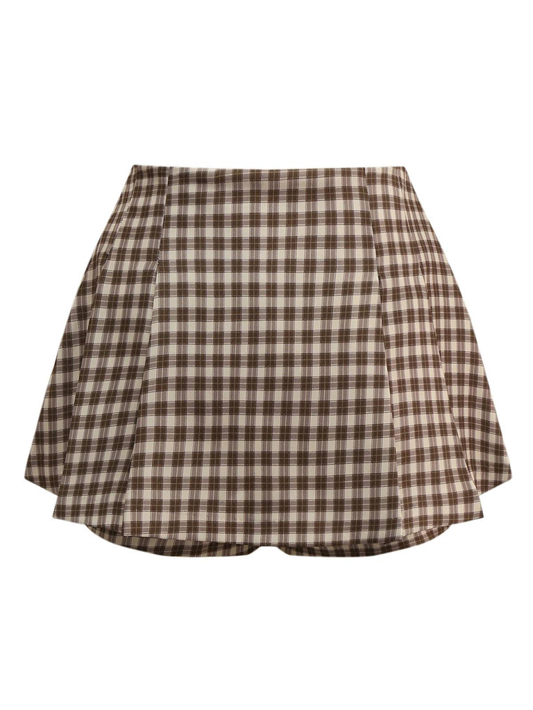 Brown 1960s Gingham Plaid Pleated Skirt - vintage skirt, retro style