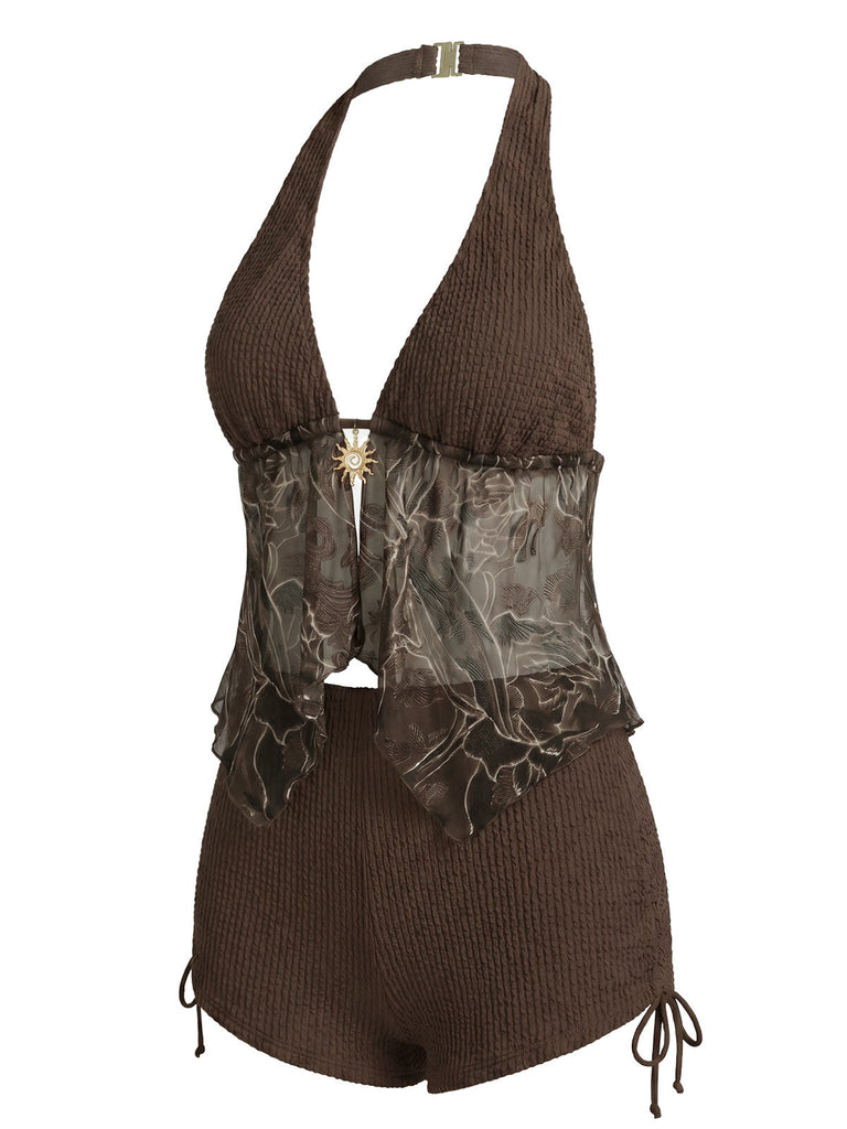 Brown-1960s-Halter-Sheer-Embroidered-Mesh-Tankini-Set, vintage, retro, swimwear