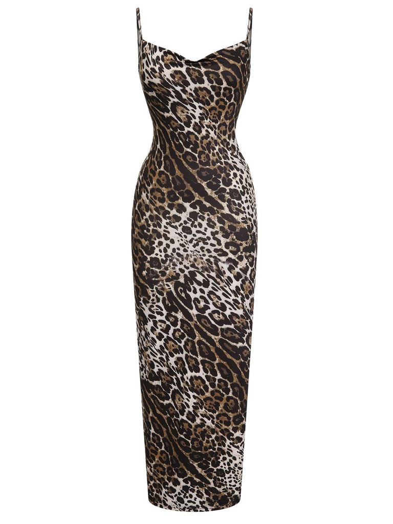 Brown 1960s Leopard Spaghetti Straps Backless Dress, vintage dress, retro fashion - perfect for women who love vintage and retro fashion