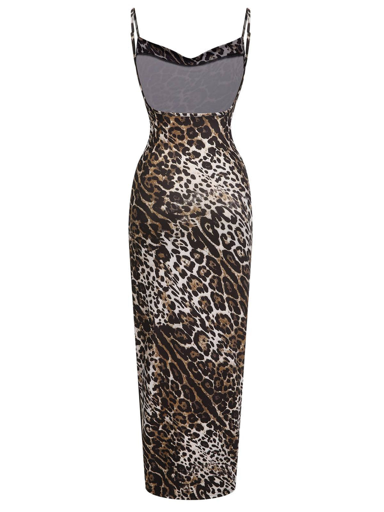 Brown 1960s Leopard Spaghetti Straps Backless Dress, vintage dress, retro fashion - perfect for women who love vintage and retro fashion