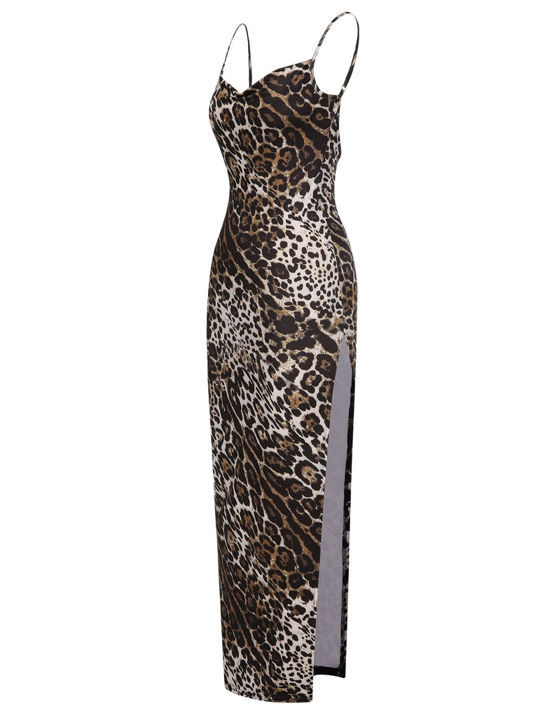 Brown 1960s Leopard Spaghetti Straps Backless Dress, vintage dress, retro fashion - perfect for women who love vintage and retro fashion