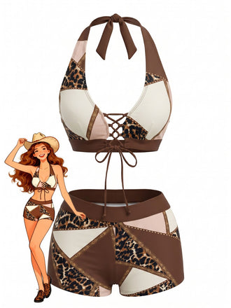 Brown 1960s Leopard Western Tankini Swimsuit, vintage swimsuit, pin-up swimwear - perfect for women who love vintage and retro fashion