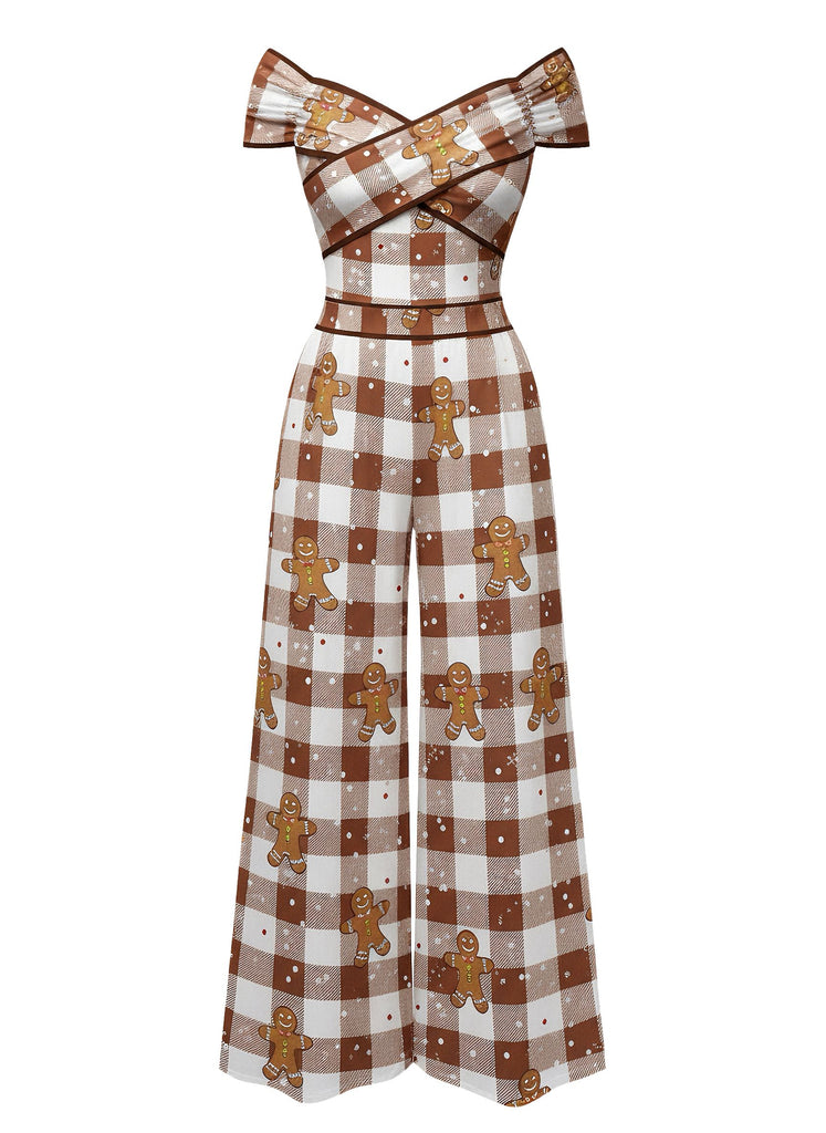 Brown 1960s Off-Shoulder Gingerbread Jumpsuit - vintage jumpsuit, retro fashion
