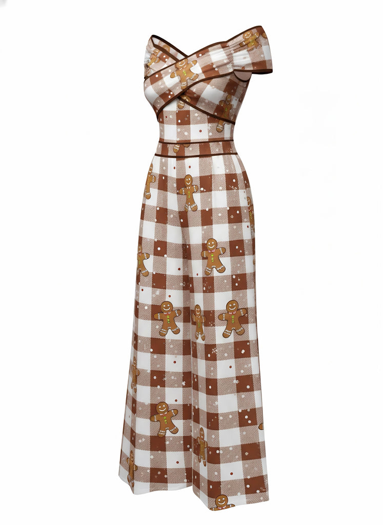Brown 1960s Off-Shoulder Gingerbread Jumpsuit - vintage jumpsuit, retro fashion