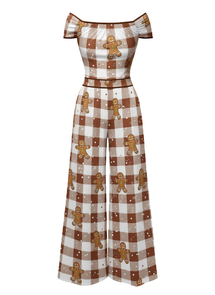 Brown 1960s Off-Shoulder Gingerbread Jumpsuit - vintage jumpsuit, retro fashion
