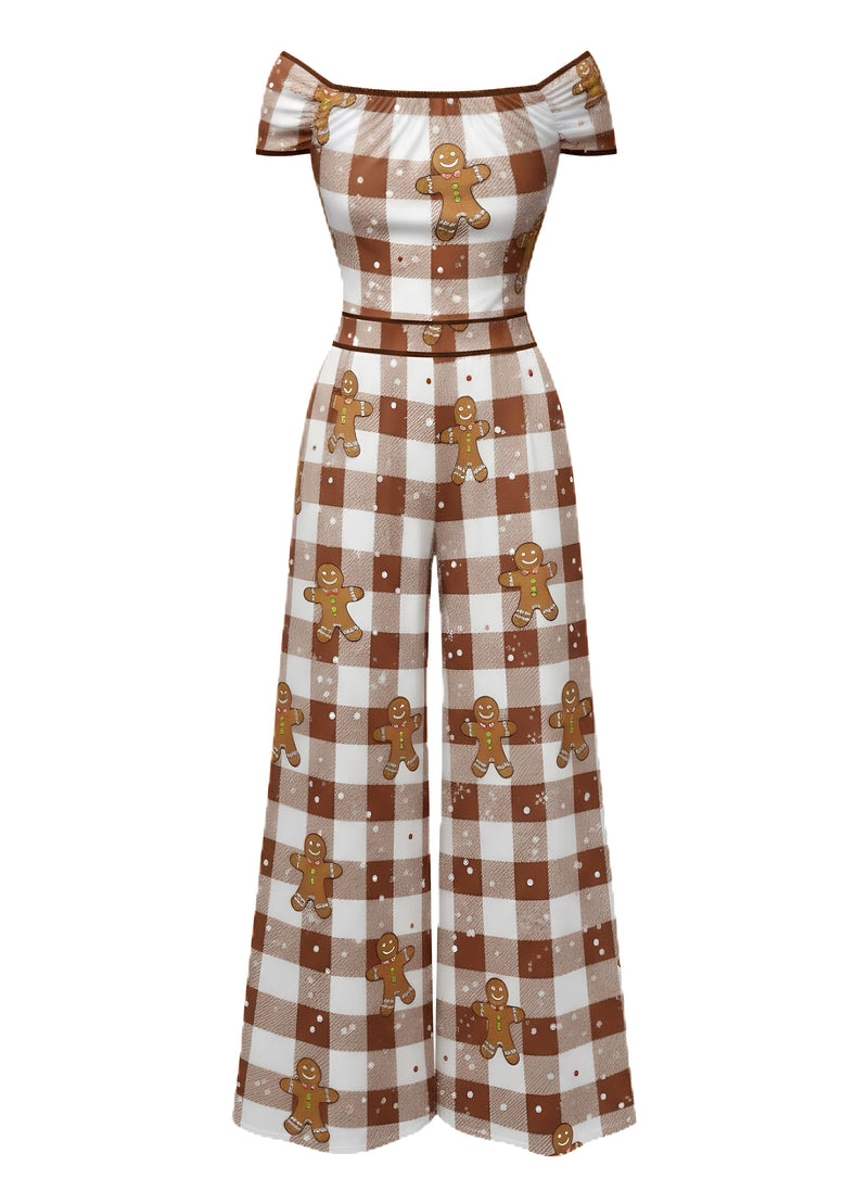 Brown 1960s Off-Shoulder Gingerbread Jumpsuit | Retro Stage