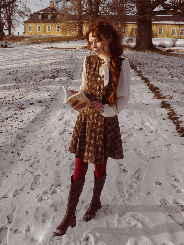 Brown 1960s Plaid Bow Tie Button Swing Dress - vintage dress, retro fashion, rockabilly