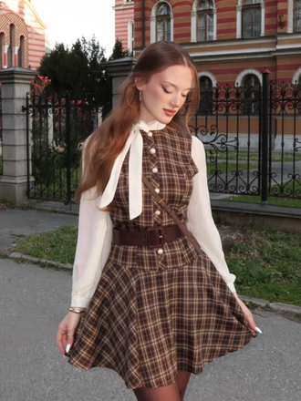 Brown 1960s Plaid Bow Tie Button Swing Dress, vintage dress, retro fashion, rockabilly, pin-up fashion - perfect for women who love vintage and retro fashion