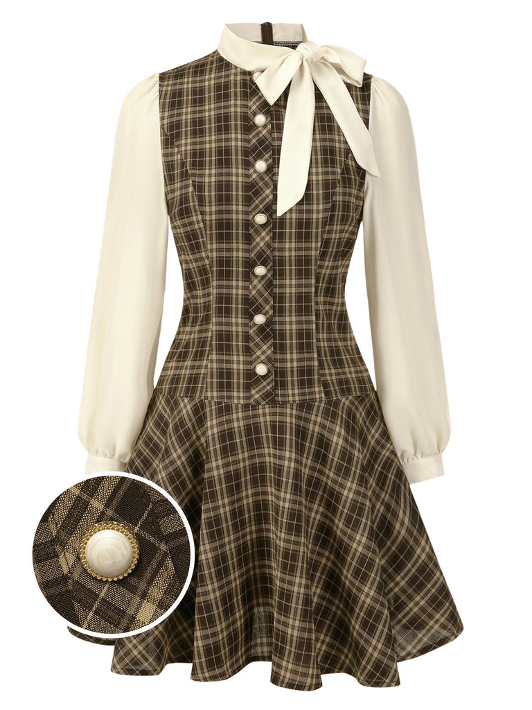 Vintage Plaid Pleated Mini Dress with Bow Tie | Academic Style Clothing | Brown Vintage Plaid Pleated Mini Dress with Bow Tie | Academic Style Clothing | Brown