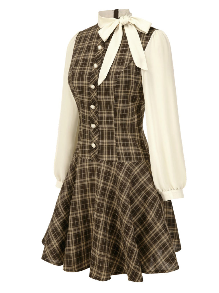 Vintage Plaid Pleated Mini Dress with Bow Tie | Academic Style Clothing | Brown Vintage Plaid Pleated Mini Dress with Bow Tie | Academic Style Clothing | Brown