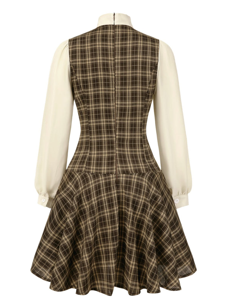 Brown 1960s Plaid Bow Tie Button Swing Dress, vintage dress, retro fashion, rockabilly, pin-up fashion - perfect for women who love vintage and retro fashion