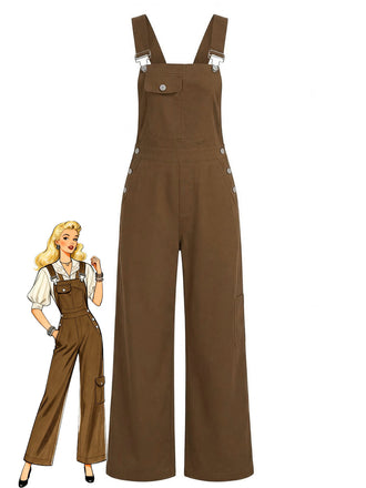 Brown 1960s Pocketed Wide-Leg Cargo Overalls - vintage fashion, retro style, classic elegance for vintage lovers