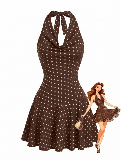 tan and white polka dot halter neck dress Vero Moda halter neck polka dot mini dress in brown and yellow polka dot print
