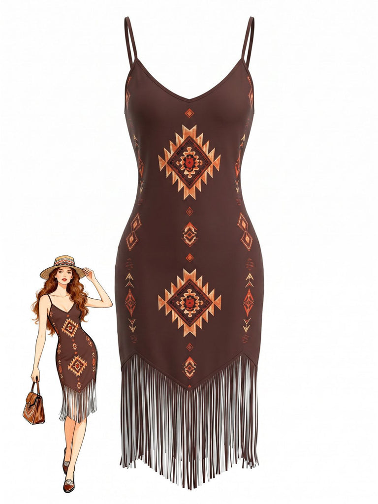 Brown 1970s Bohemian V-Neck Fringed Hem Dress, vintage dress, retro fashion - perfect for women who love vintage and retro fashion