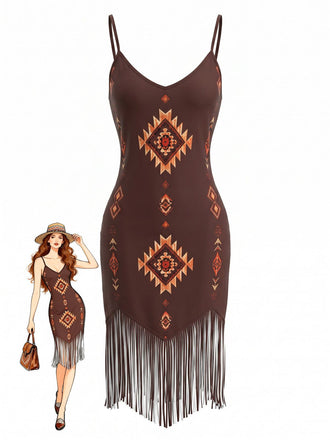 Brown 1970s Bohemian V-Neck Fringed Hem Dress, vintage dress, retro fashion - perfect for women who love vintage and retro fashion