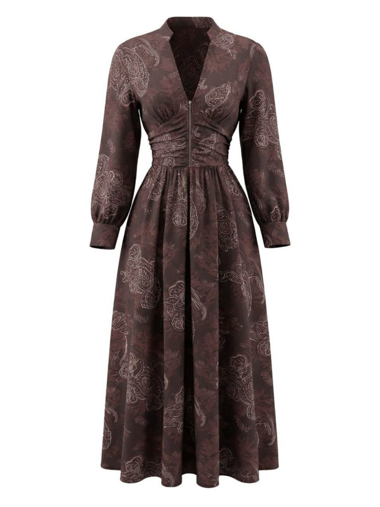 Brown 1970s Boho Paisley Stand V-Neck Smocked Dress - vintage dress, retro fashion