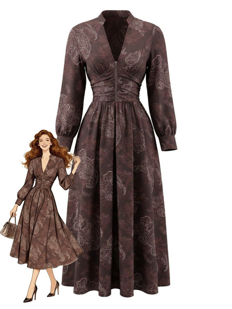 Brown 1970s Boho Paisley Stand V-Neck Smocked Dress - vintage dress, retro fashion